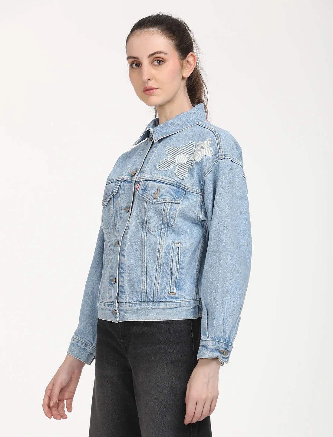 Moisture Wicking Finish Non Irritating Tags Women's Floral Print Blue Spread Collar Denim Trucker Jacket