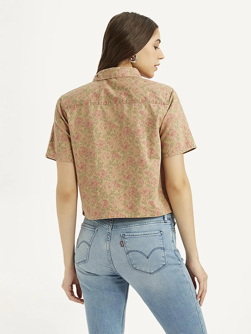 Glossy Texture Women's Floral Spread Collar Shirt