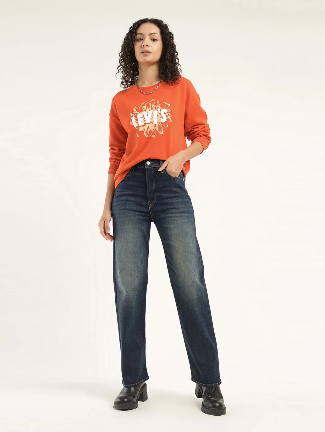 Anti Pilling Women's Graphic Orange Crew Neck Sweatshirt