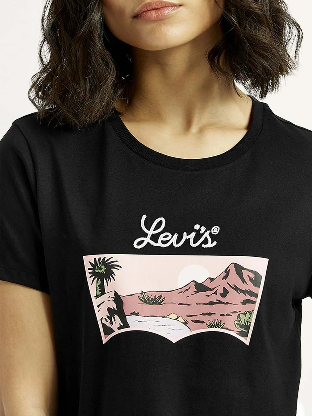 Boat neck style Ribbed Collar Trim Women's Graphic Print Round Neck T-shirt