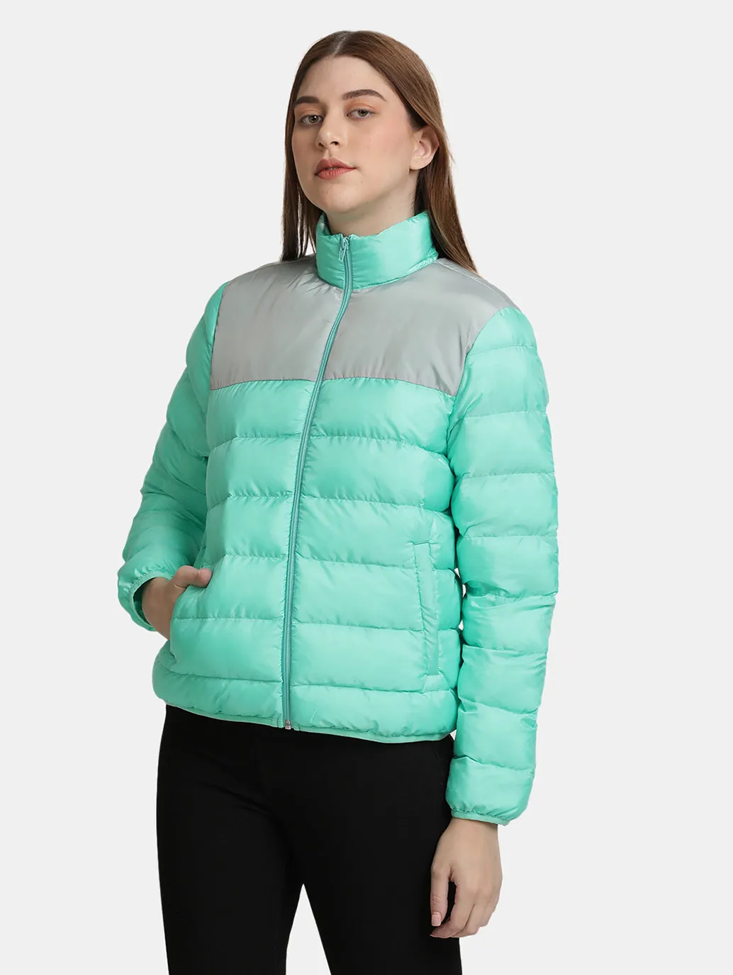 Women's Green Puffer Jackets Weekend Ready Single Breasted