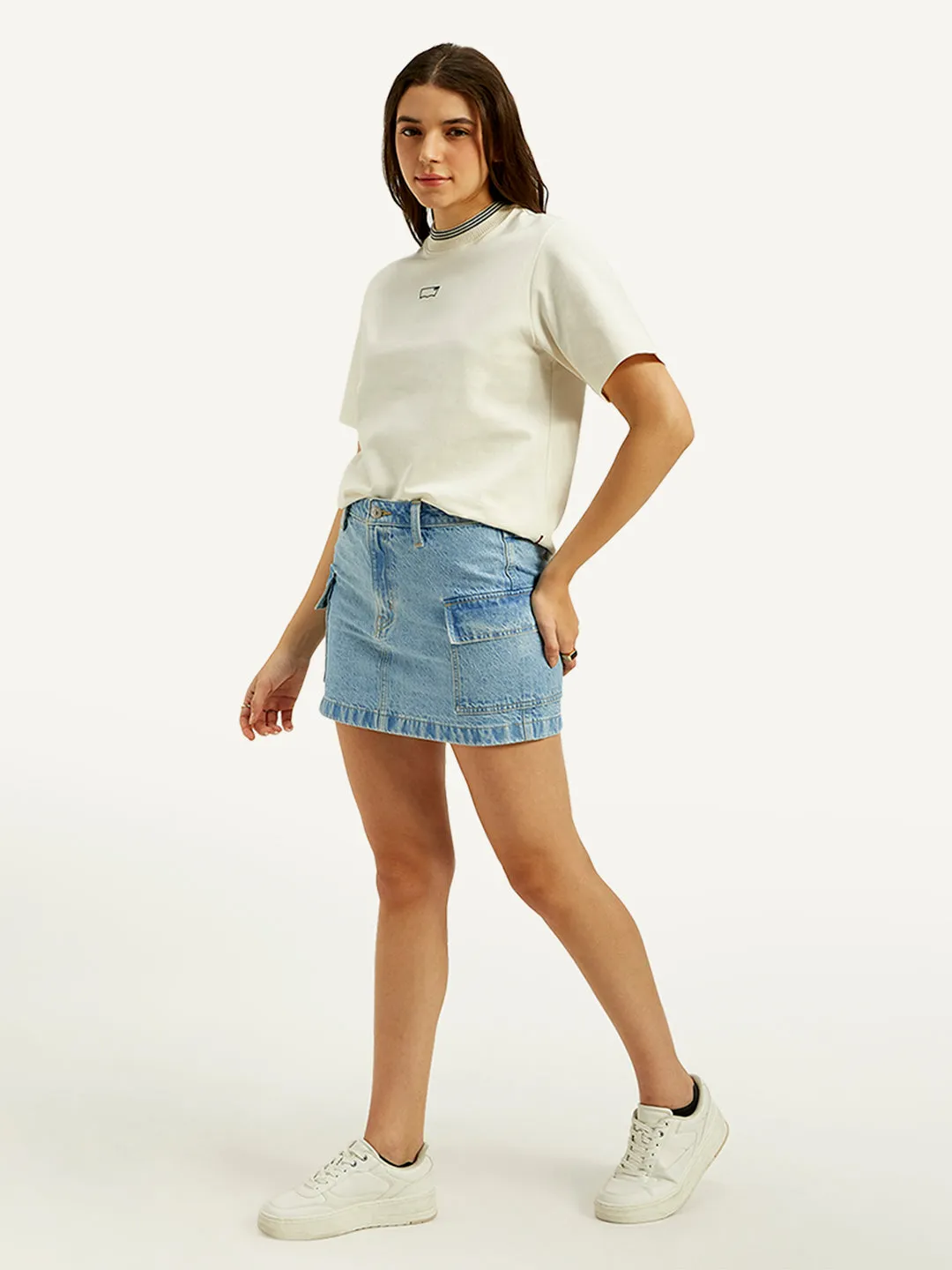 Women's High Rise Blue A-Line Skirt Neutral Wear Polished Touch