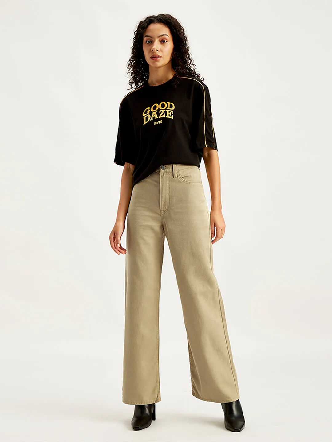 Women's Khaki Ribcage Bell Bottom Wide Leg Fit High Rise Jeans Smart Comfort Modern Traveler Gear Sunny Vibes