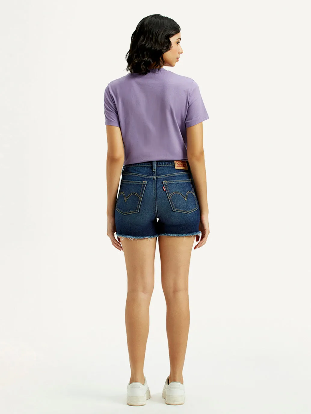 Women's Med Indigo Mid Rise Denim Wedgie Shorts hang dry