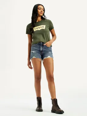 Women's Mid Indigo Wedgie Fit Mid Rise Shorts Wear Resistant Fabric Glide On Mobility Cut