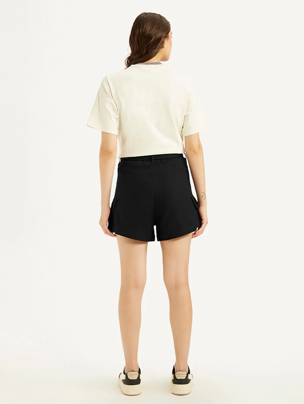 Women's Mid Rise Black Relaxed Fit Shorts Stretch Woven Fabric