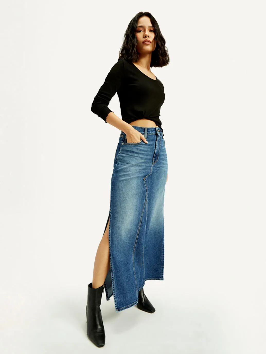 Women's Mid Rise Blue Regular Fit Skirt On-The-Go Outfit Hemp Blend