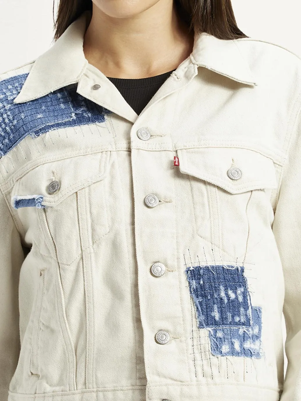 Multi Pocket Layout Women's Patchwork Off White Trucker Jacket
