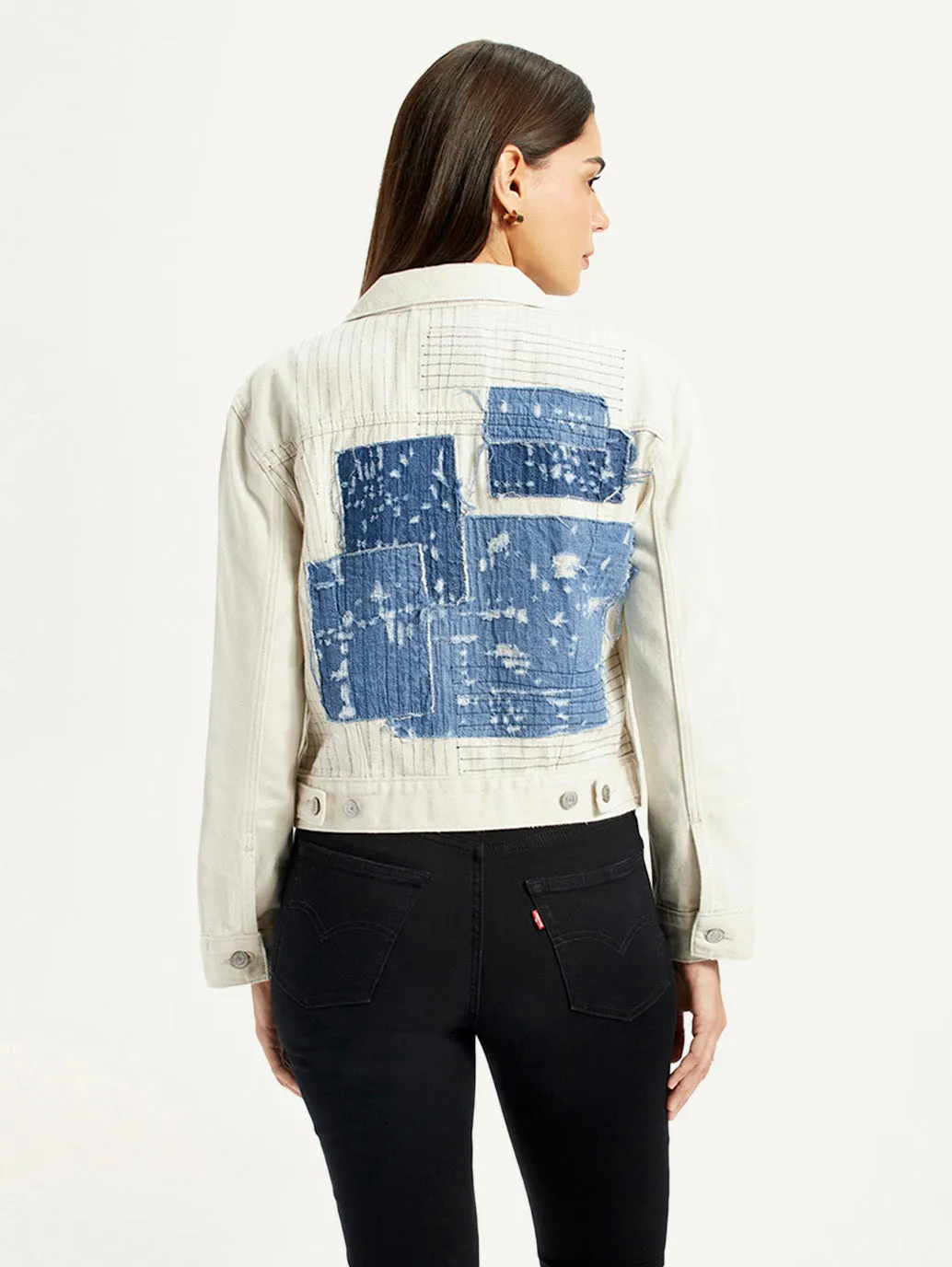 Women's Patchwork Off White Trucker Jacket MultiPocketLayout