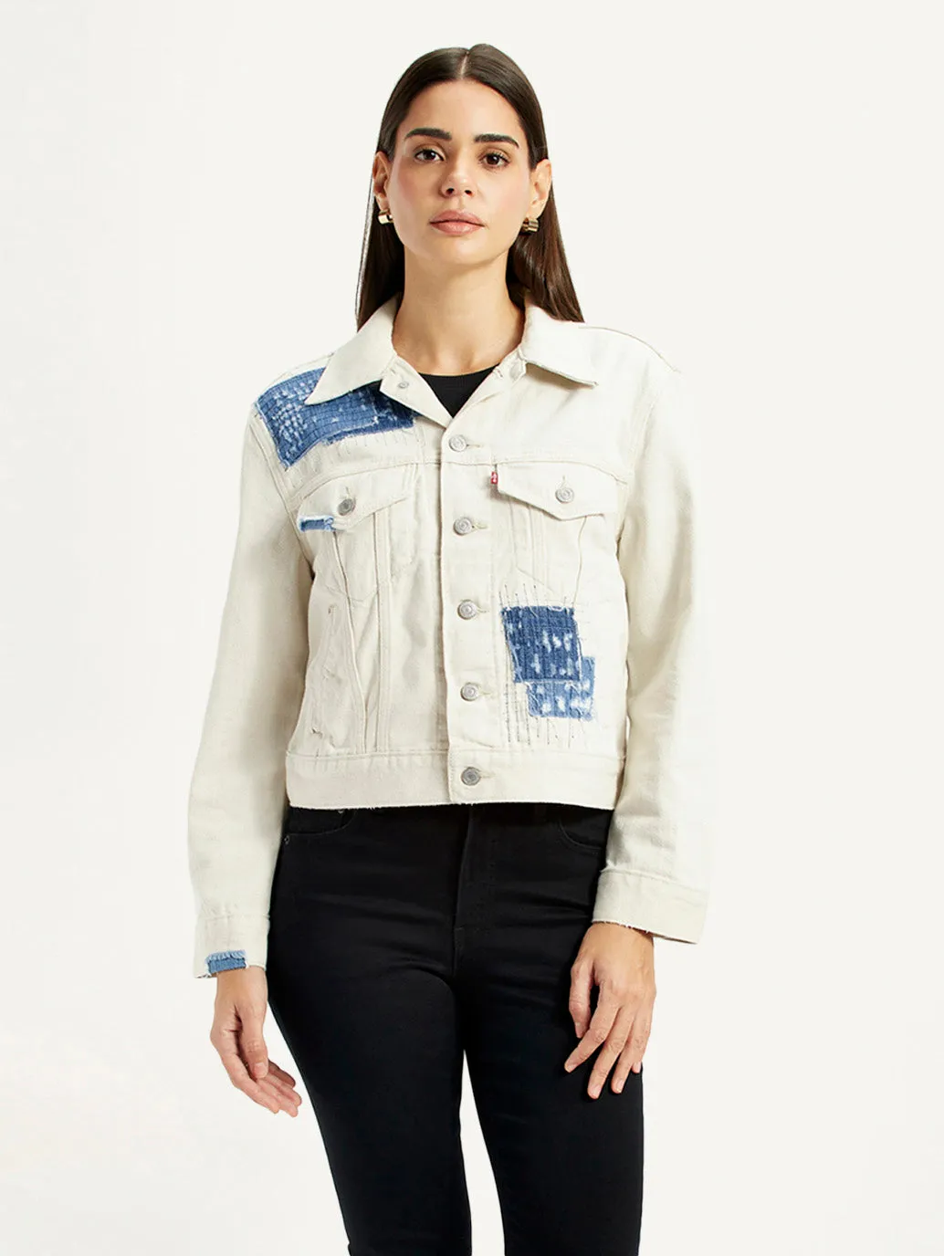 Women's Patchwork Off White Trucker Jacket retro look