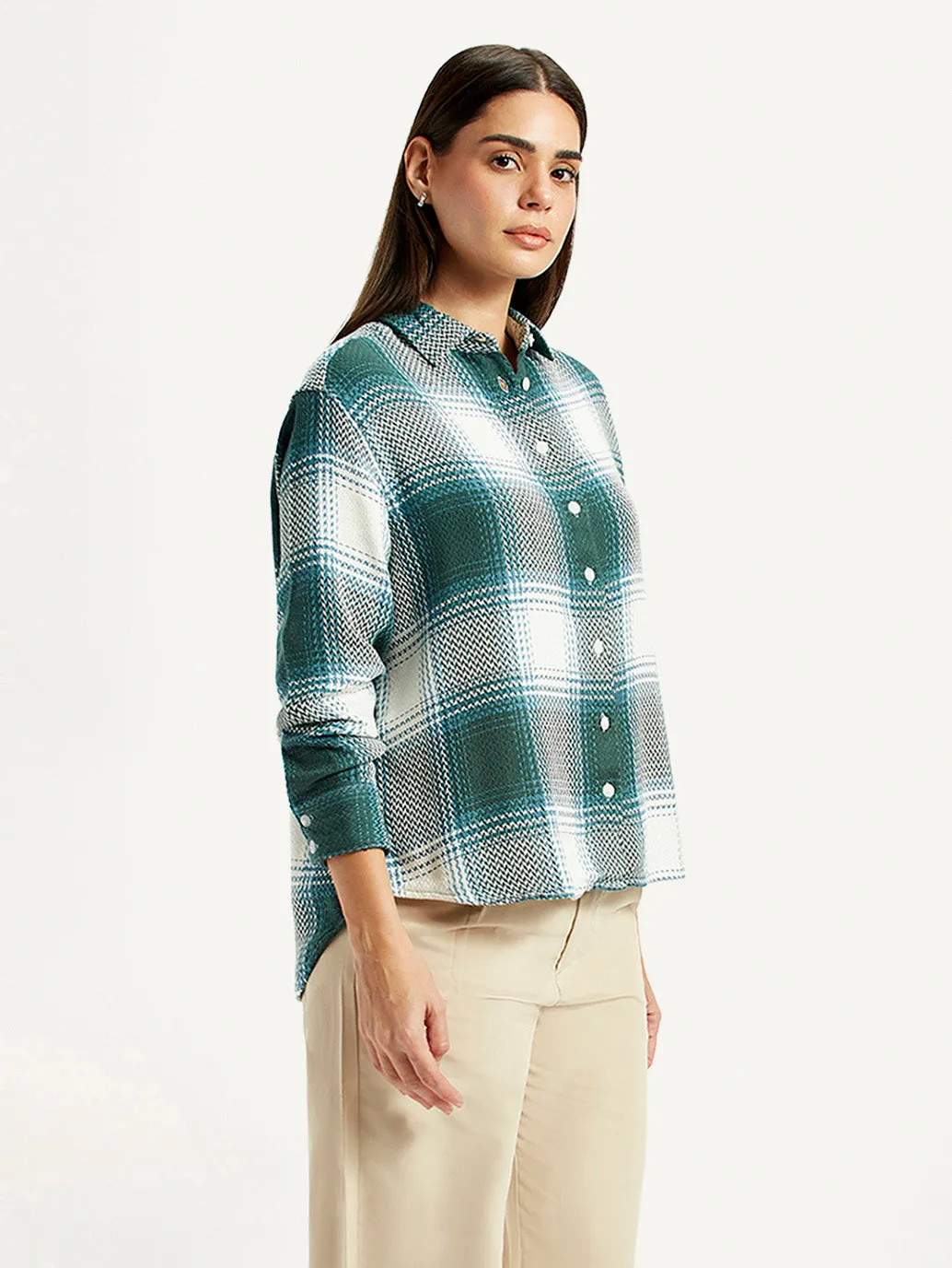 Women's Plaid Green Relaxed Fit Shirt Compact Packing Hidden Button Placket