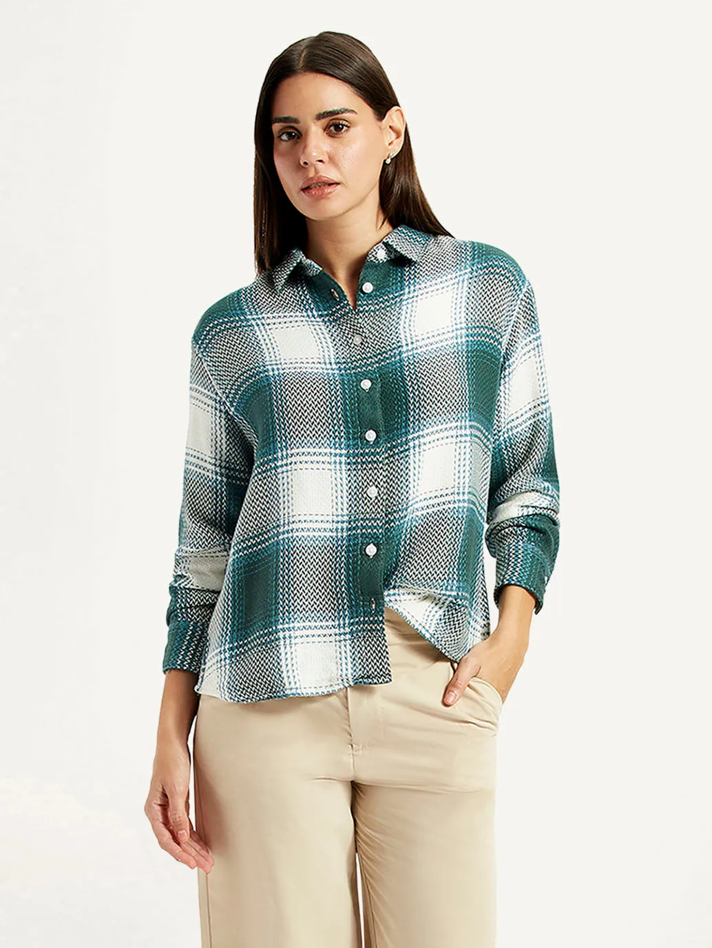 Women's Plaid Green Relaxed Fit Shirt Seasonal Trend Corporate Retreat