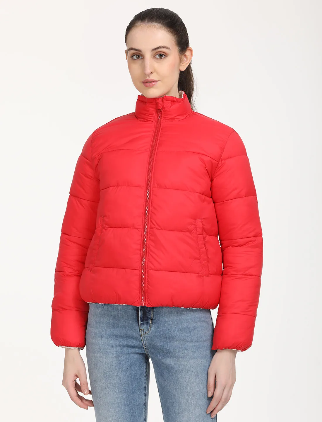 Women's Quilted High Neck Reversible Puffer Jacket Ultraviolet Protection Factor Snap Button