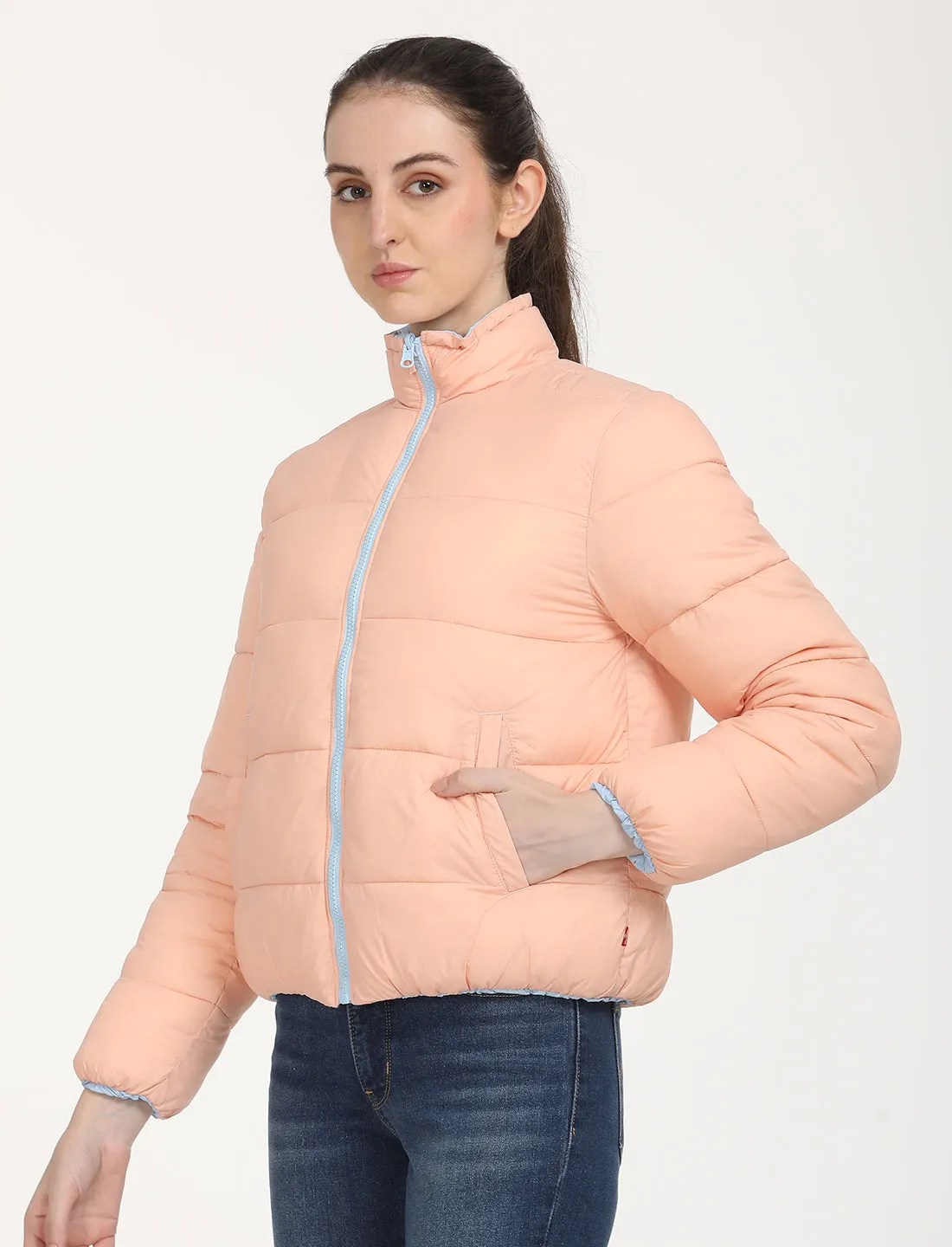 Evening Chill Piece Women's Quilted Peach High Neck Reversible Puffer Jacket