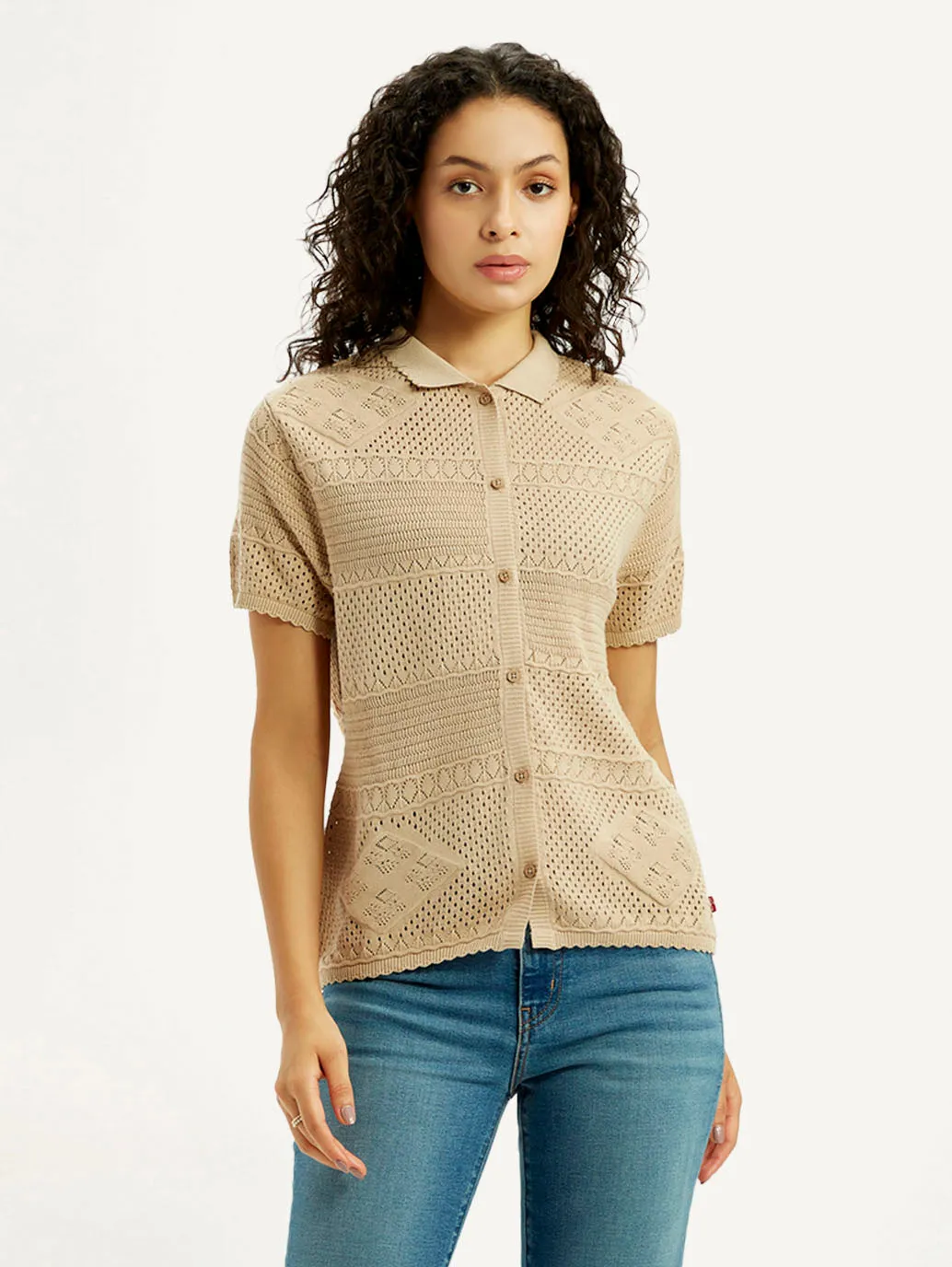 Women's Self Design Beige Spread Collar Shirt Streetwear Premium Fabric
