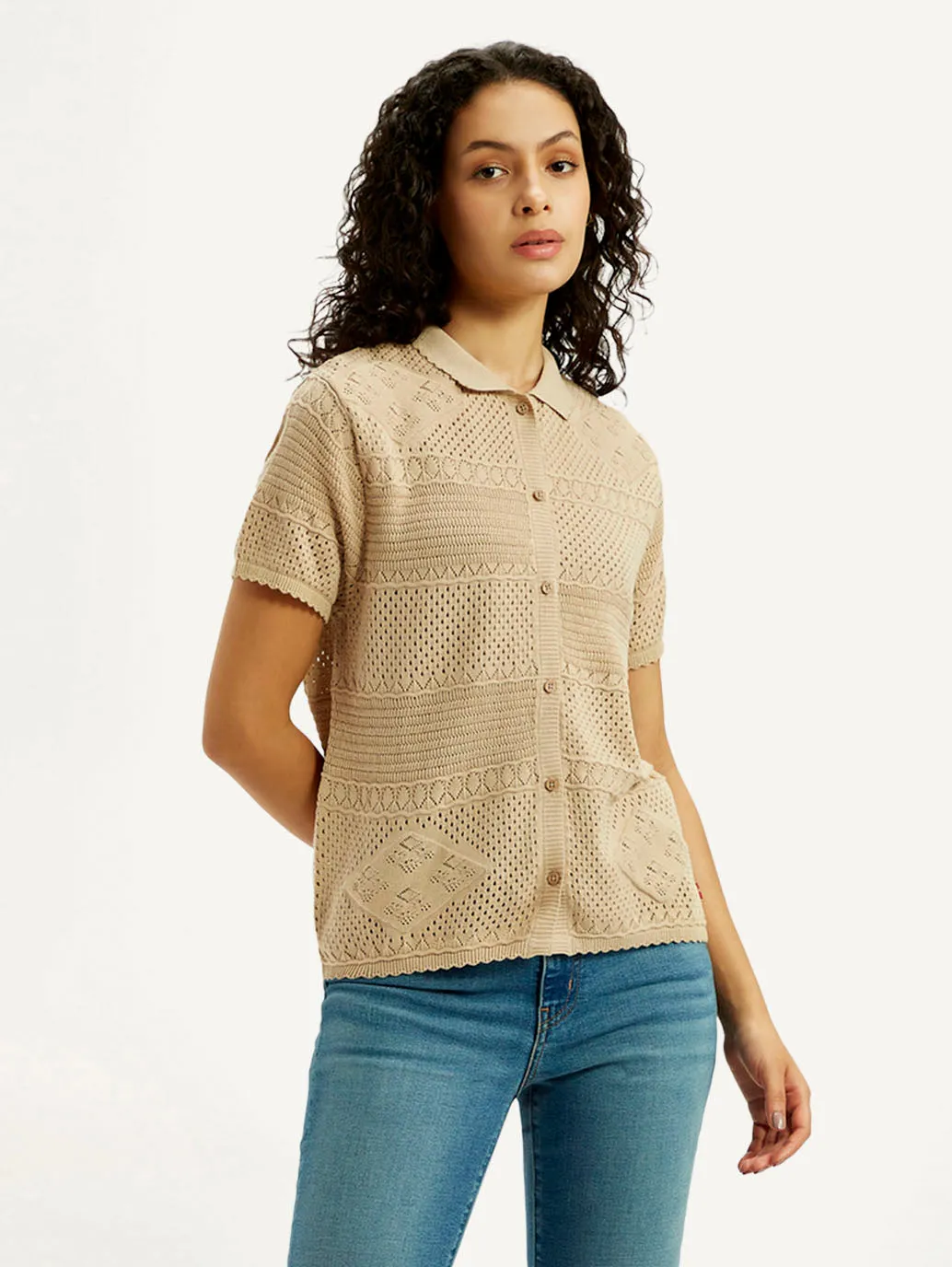 Women's Self Design Beige Spread Collar Shirt Chill Layer