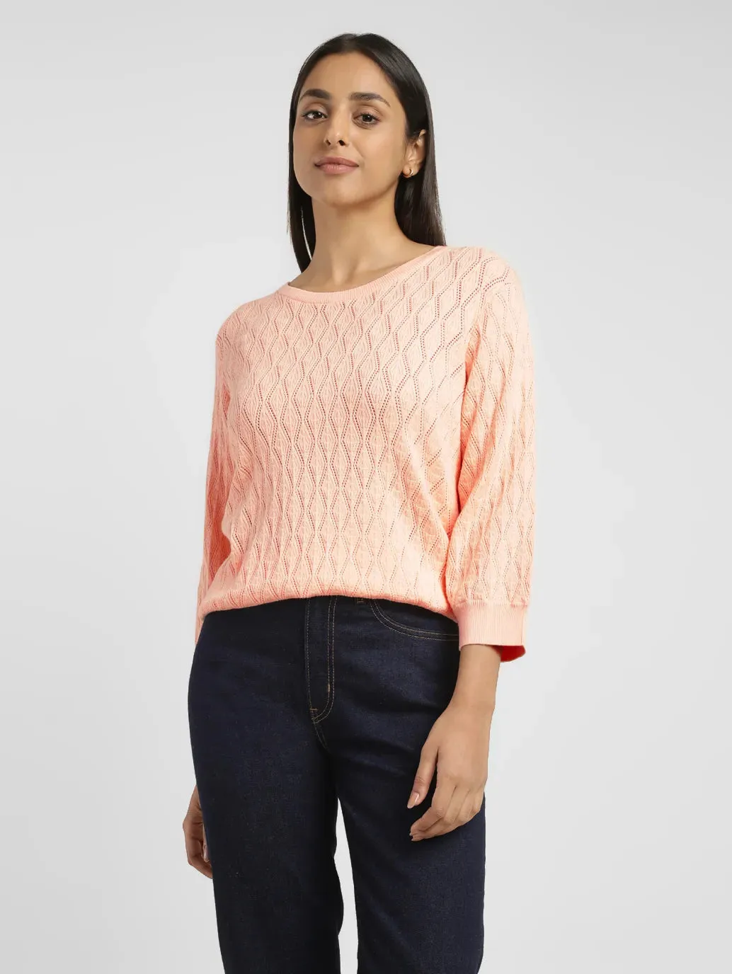Timeless Layering Women's Self Design Peach Crew Neck Sweater