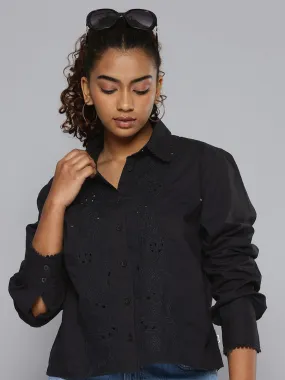 Women's Self Design Spread Collar Regular Fit Shirt Embroidered Detail