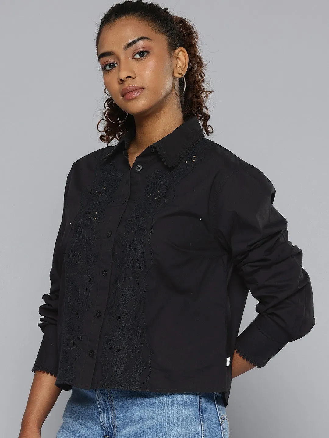 Lakeside Relaxation Laser Cut Edge Detail Women's Self Design Spread Collar Regular Fit Shirt