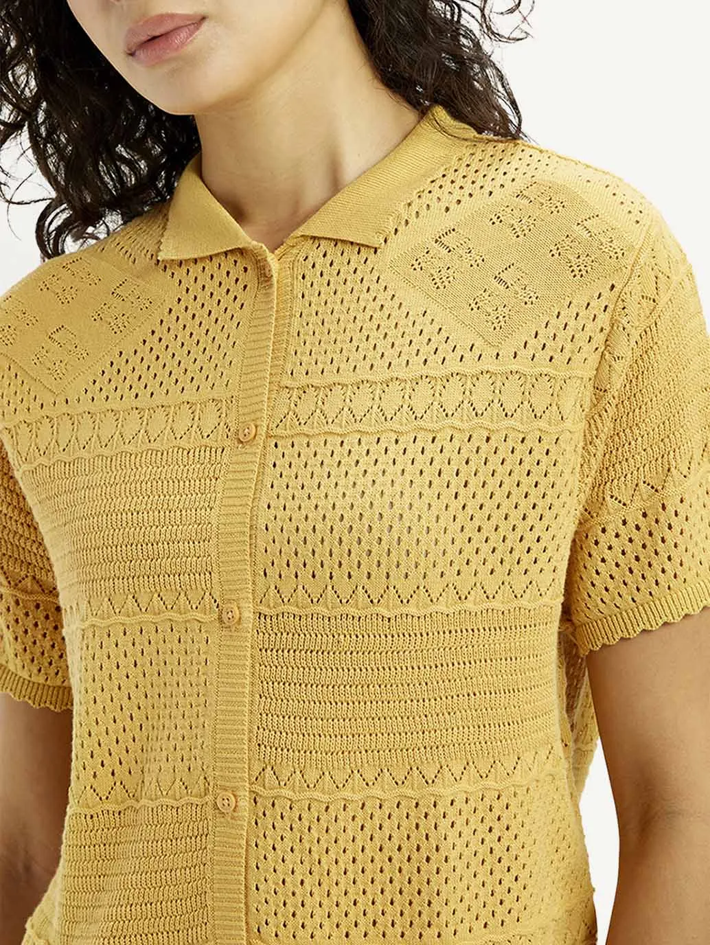 Day-To-Night Wear Special Occasion Women's Self Design Yellow Spread Collar Shirt