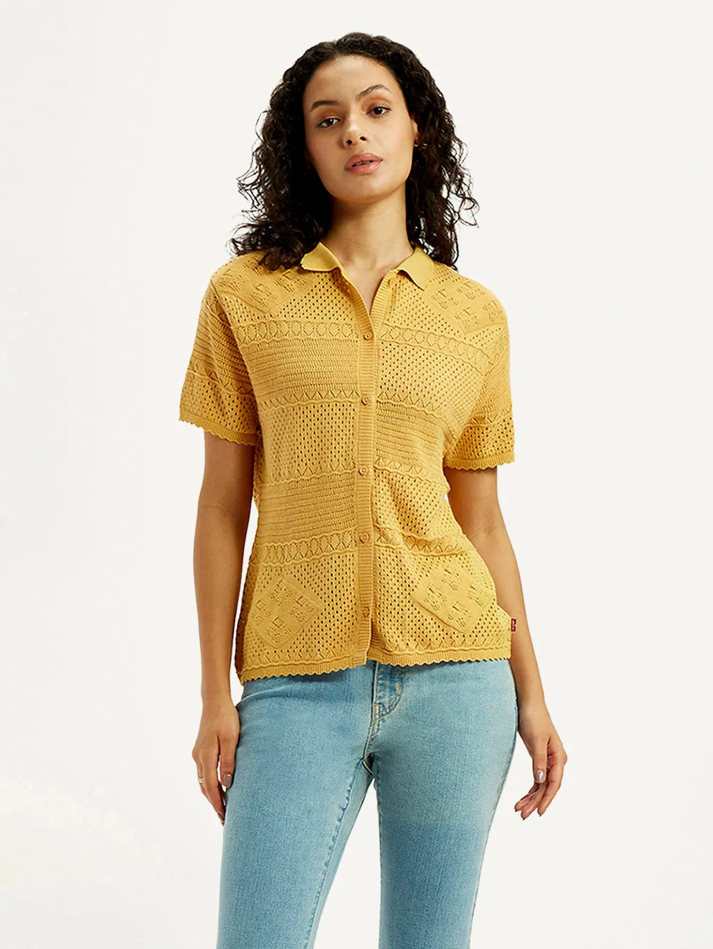 Eco Dye Technique Quick Release Placket Women's Self Design Yellow Spread Collar Shirt