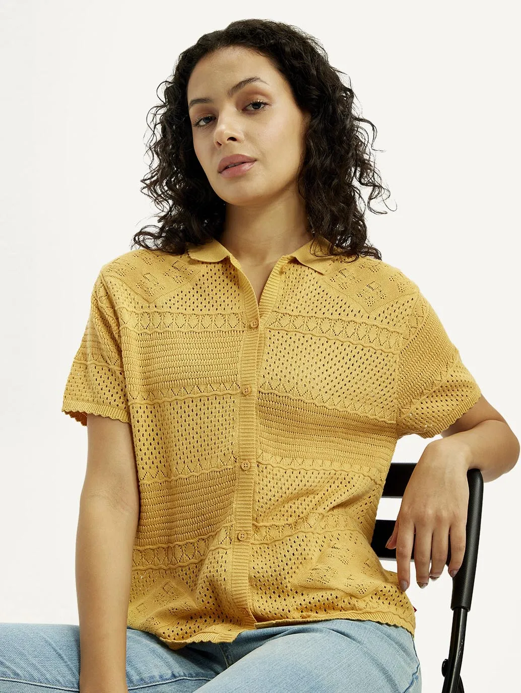 Women's Self Design Yellow Spread Collar Shirt Minimalist Aesthetic