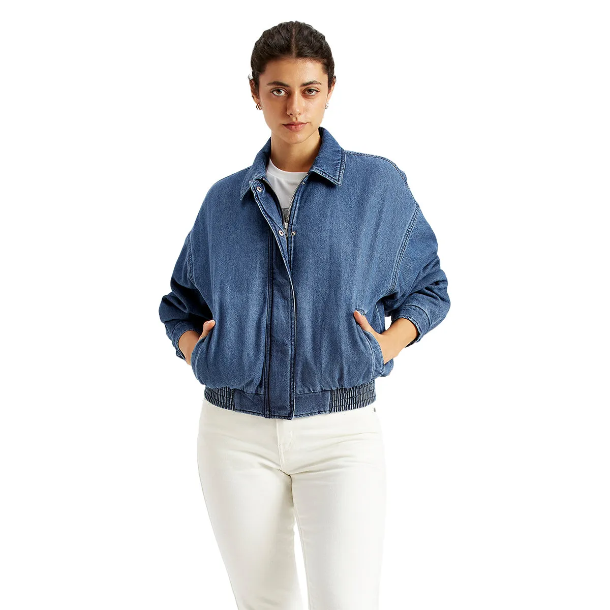 Women's Solid Blue Spread Collar Jacket Go To Layer