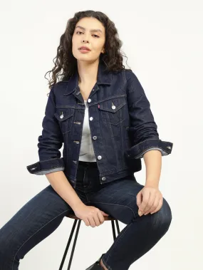 Women's Solid Dark Blue Spread Collar Denim Jacket Autumn Wear Reinforced Edging
