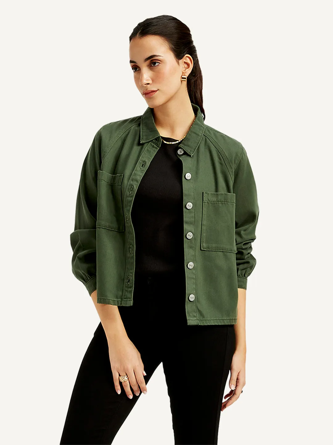 Women's Solid Olive Spread Collar Jacket Trendy Must Have