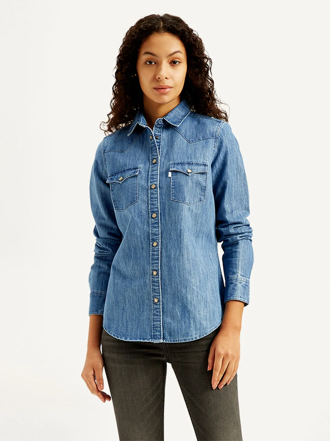 Women's Solid Regular Fit Denim Shirt Tailored Cuffs Year-Round Wear