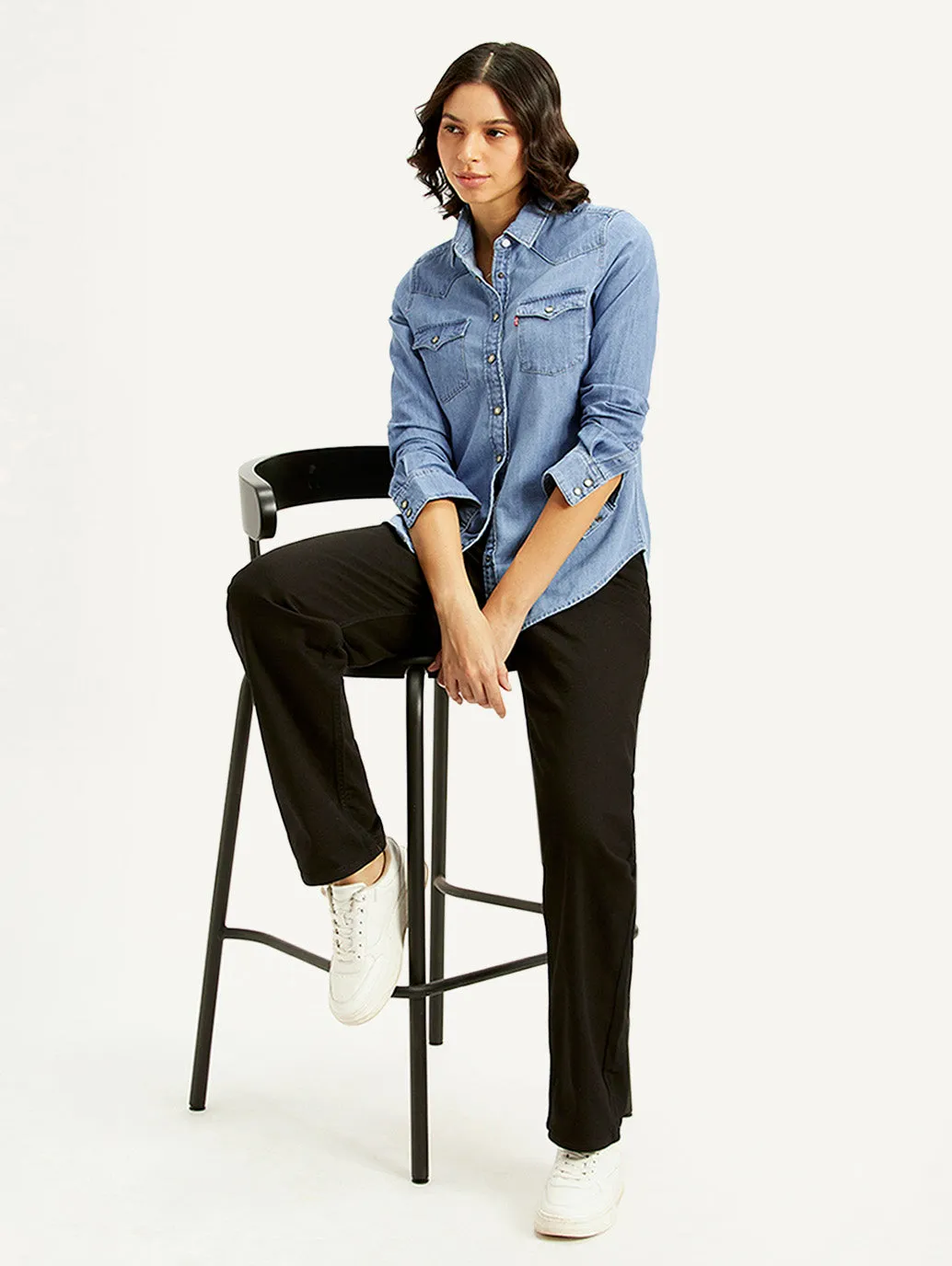 Round Collar Women's Solid Regular Fit Denim Shirt