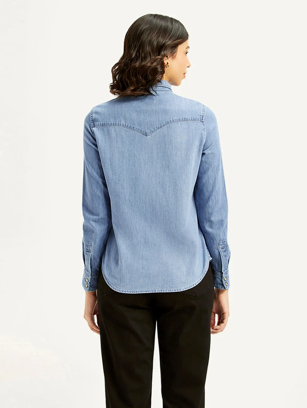 Women's Solid Regular Fit Denim Shirt Ribbed Trim Petite Cut