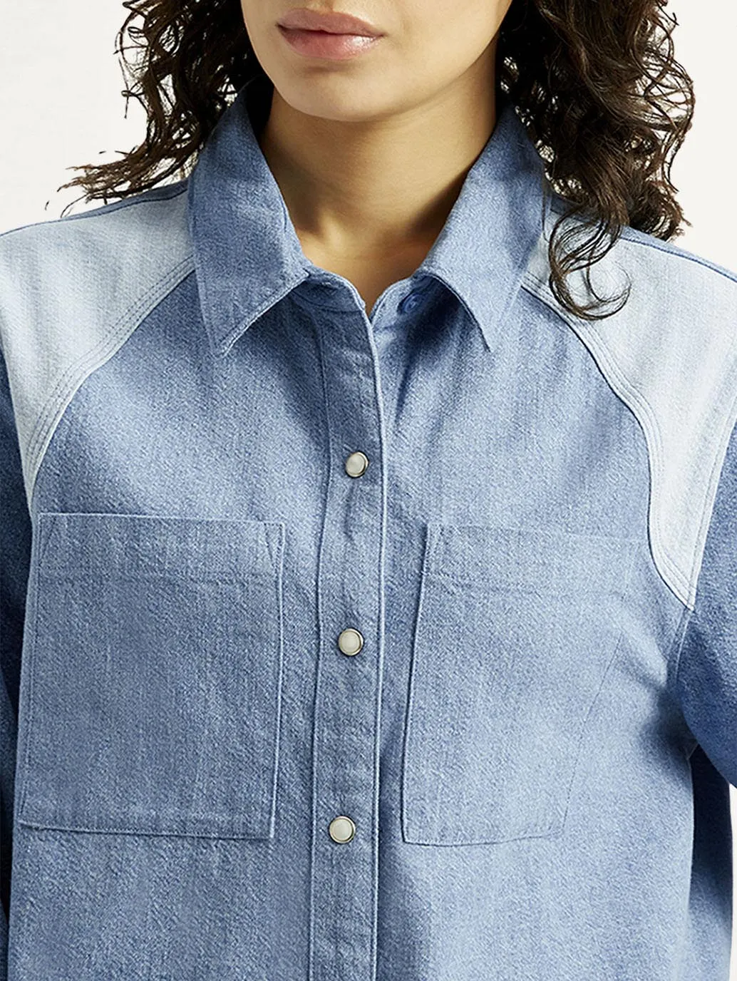 Structured Shoulder Support Laser Cut Edge Detail Women's Solid Relaxed Fit Denim Shirt