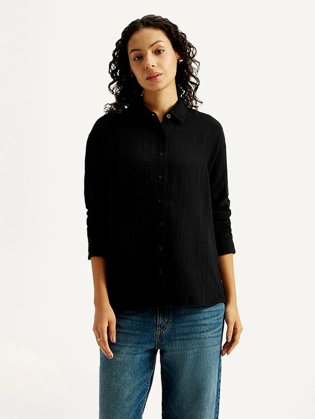 Layered Hemline Breathable Material Women's Solid Slim Fit Shirt