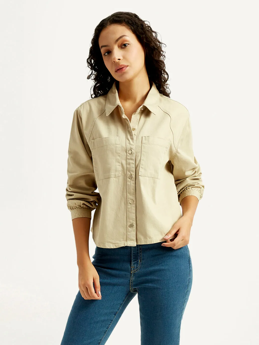 Women's Solid Spread Collar Denim Shirt Picnic Outfit