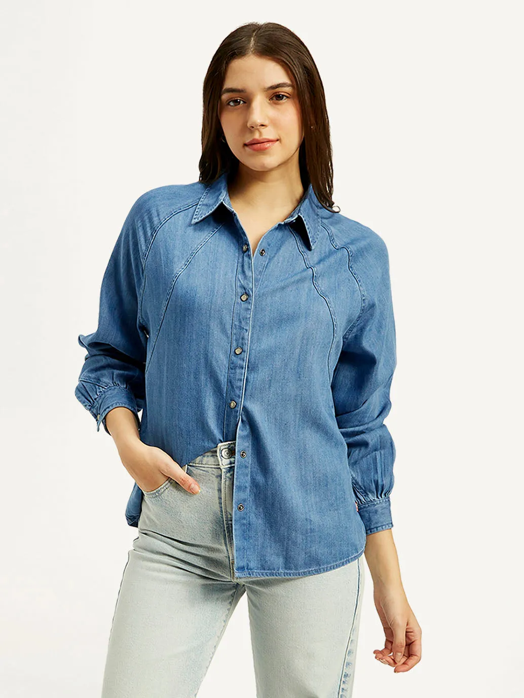 Women's Solid Spread Collar Denim Shirt Vibrant Hue Casual Look