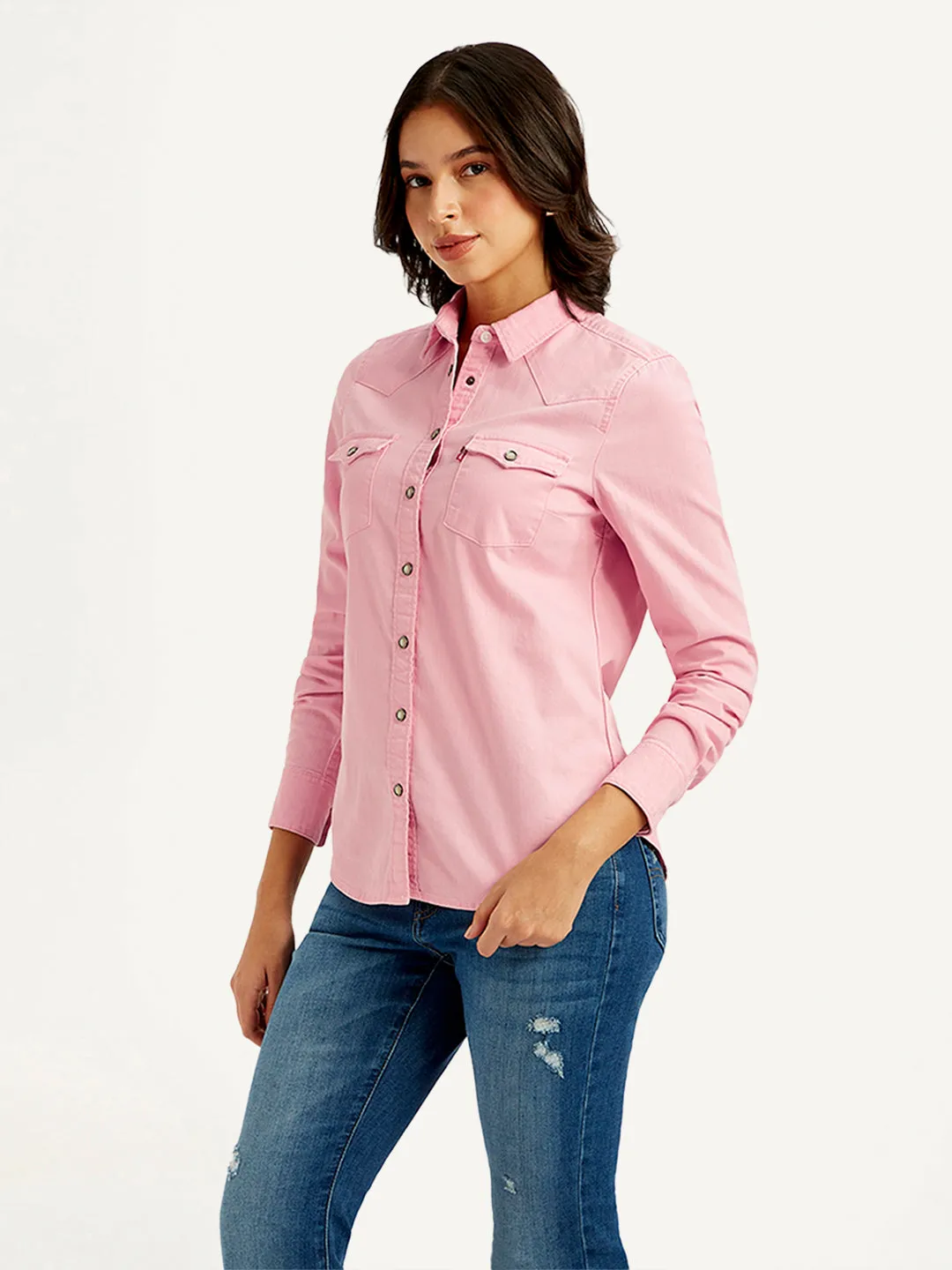 Women's Solid Spread Collar Shirt Stylish Comfort Midweight Textile