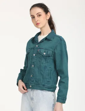 All Season Soft Cover Women's Solid Teal Green Spread Collar Trucker Jacket
