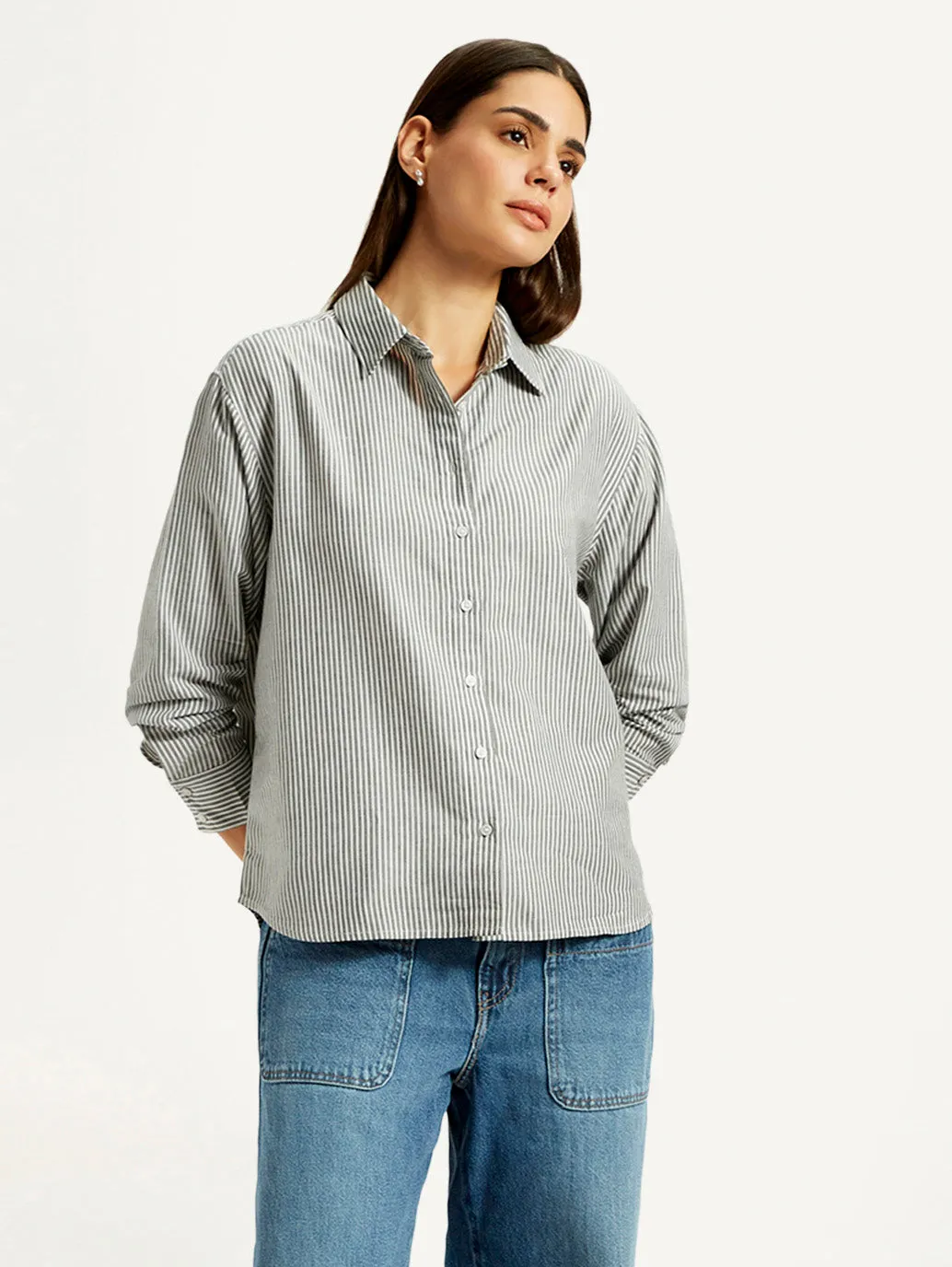 Women's Striped Grey Slim Fit Shirt Athletic Look