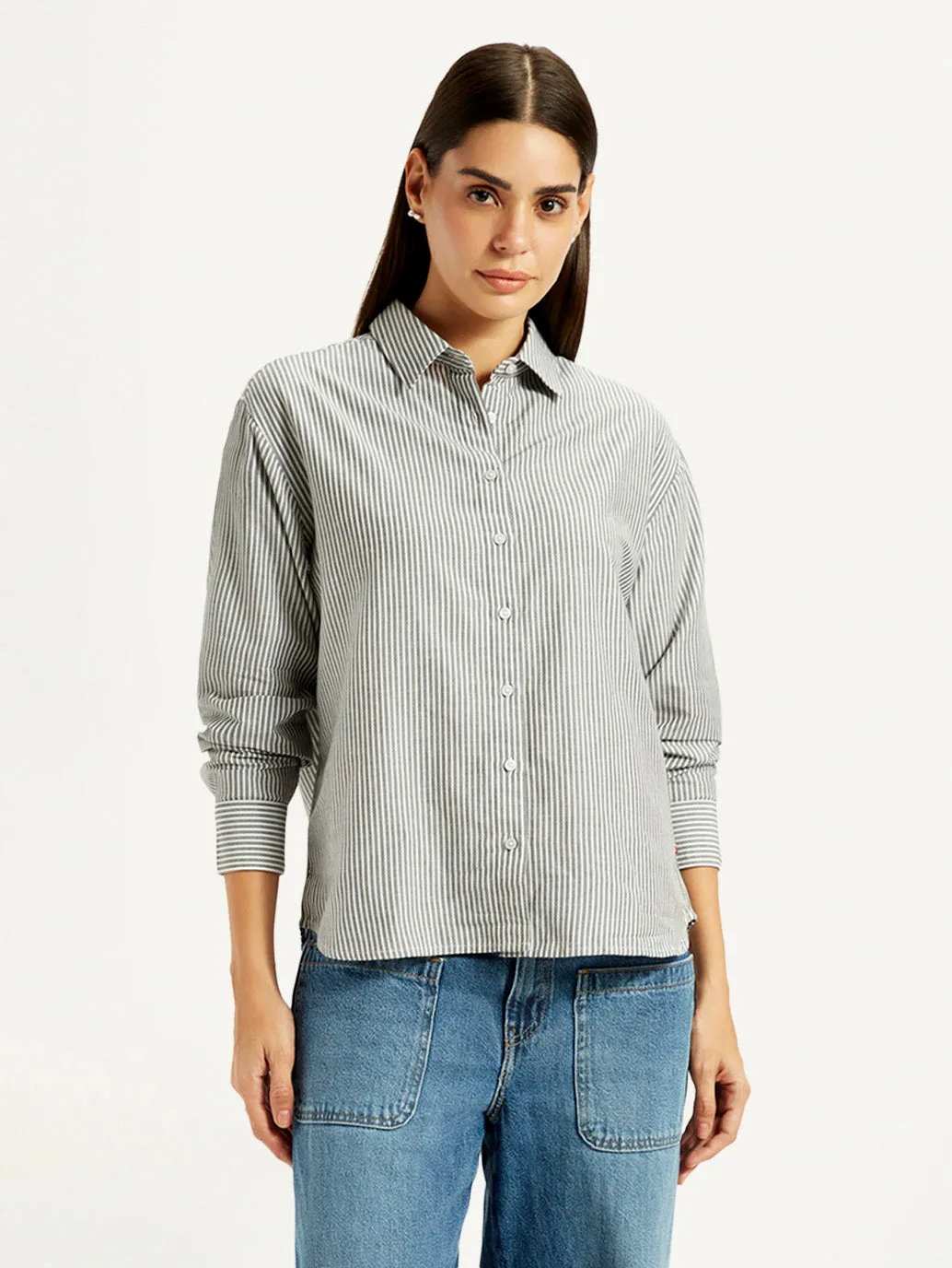 Women's Striped Grey Slim Fit Shirt Yoke Design Perfect Look
