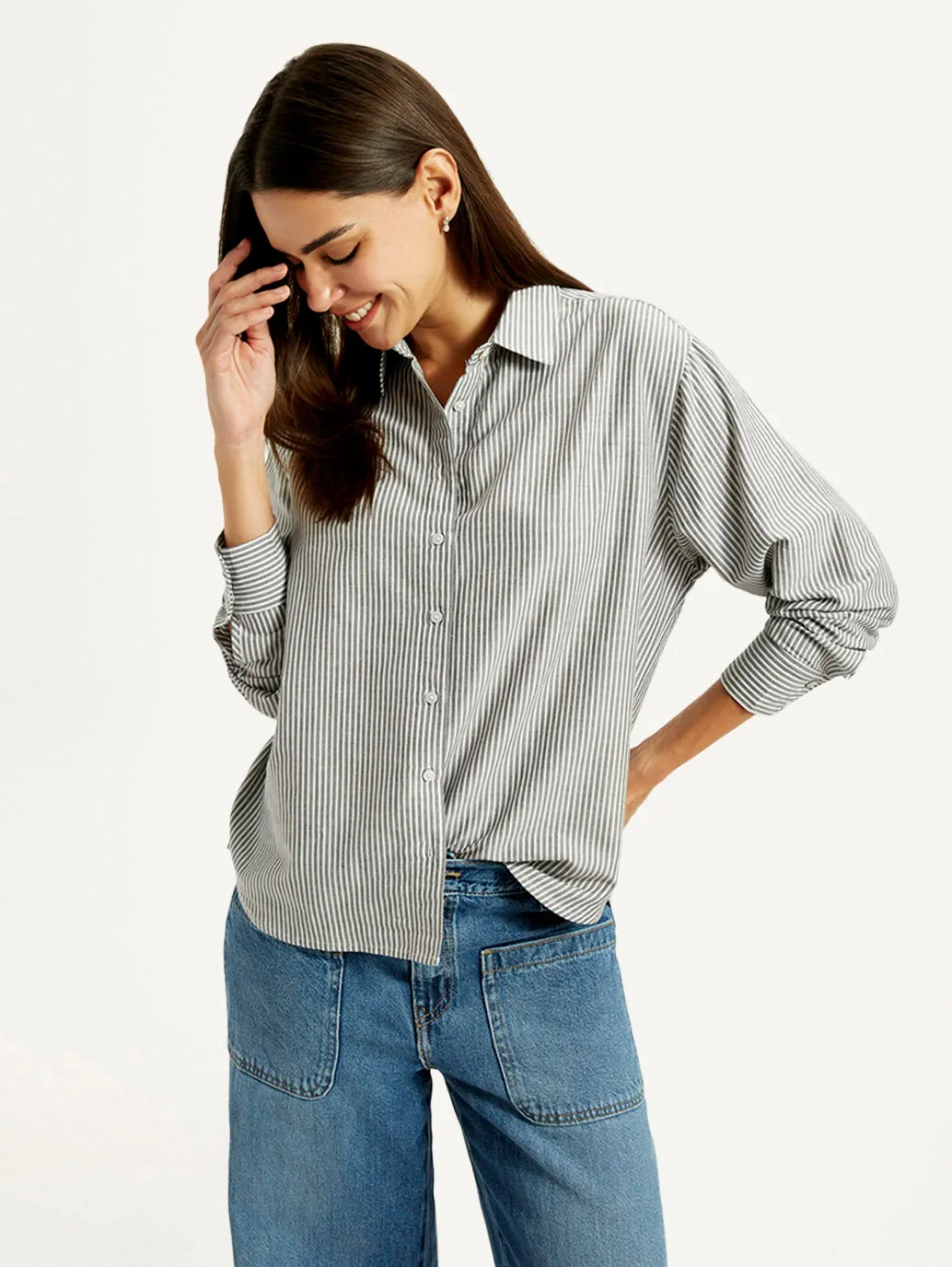 Women's Striped Grey Slim Fit Shirt birthday party Picnic Outfit