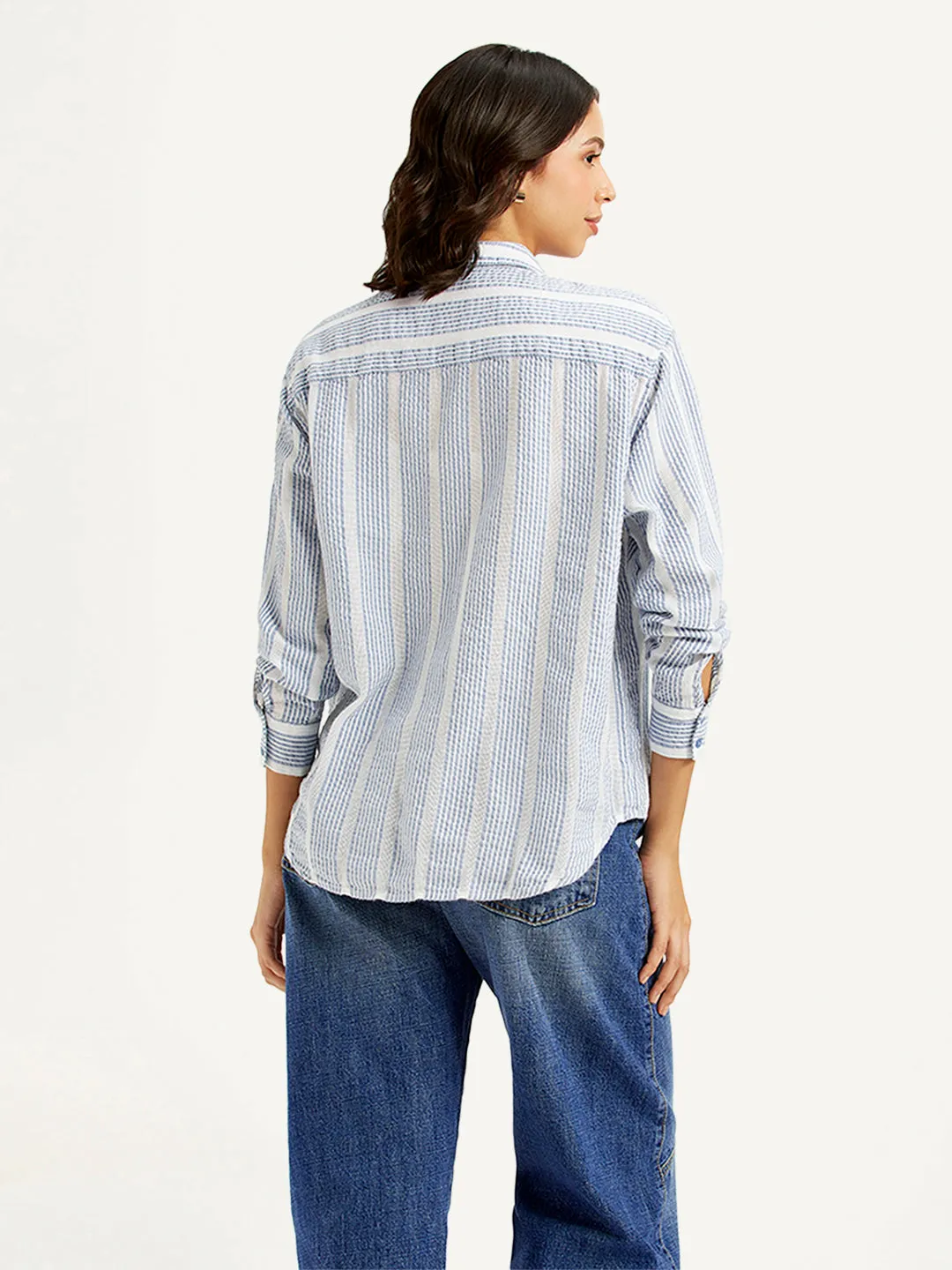 Comfy Look Floral Motif Women's Striped Relaxed Fit Shirt
