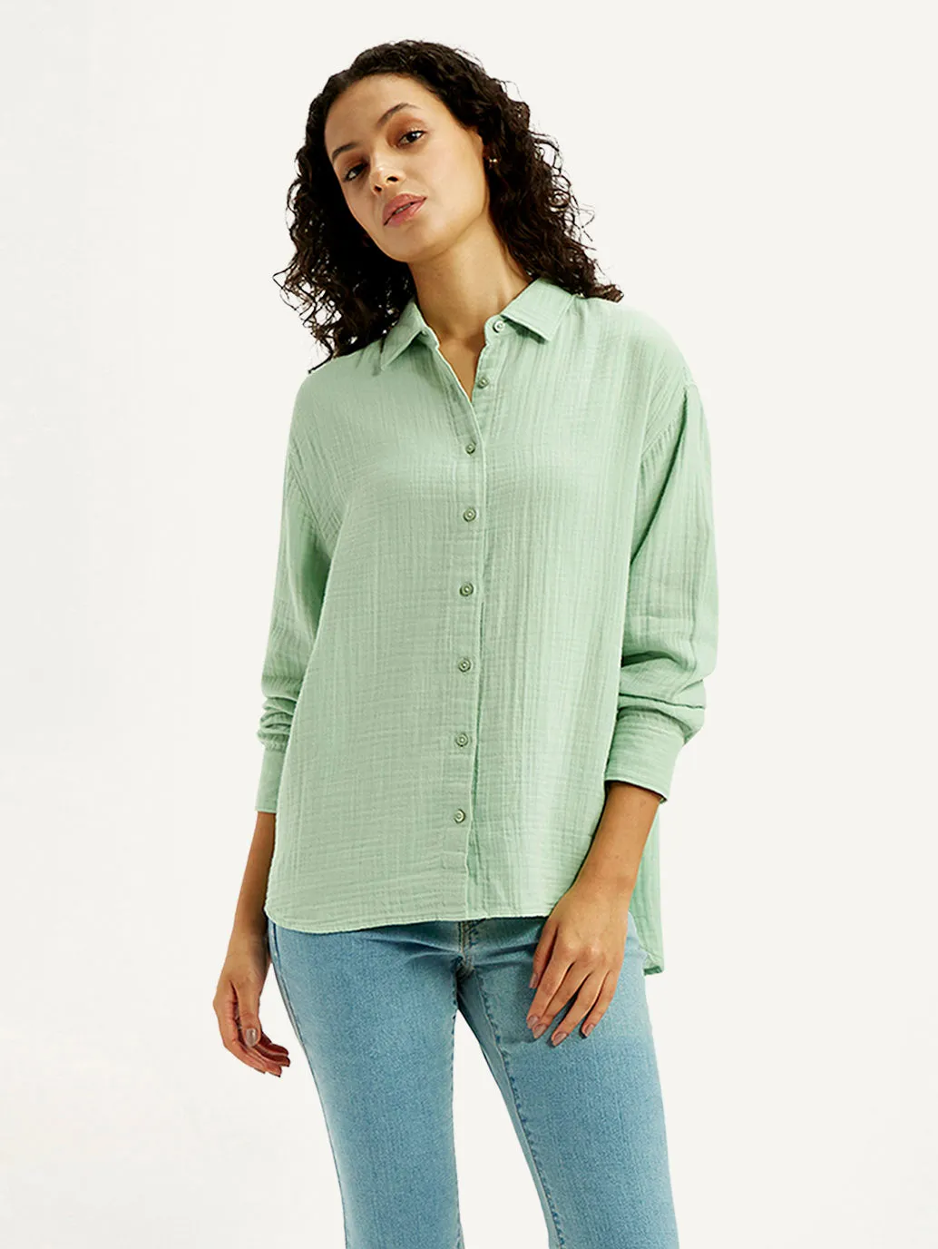 Women's Textured Light Green Slim Fit Shirt Chic Look High Street Fashion