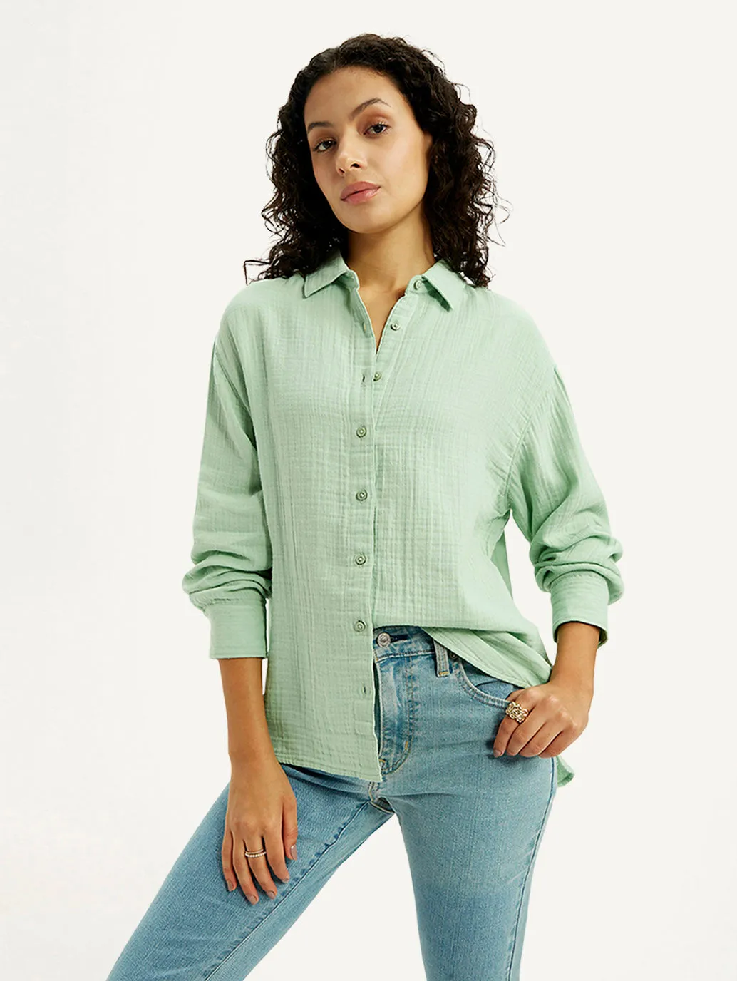 Adjustable Cuffs Women's Textured Light Green Slim Fit Shirt