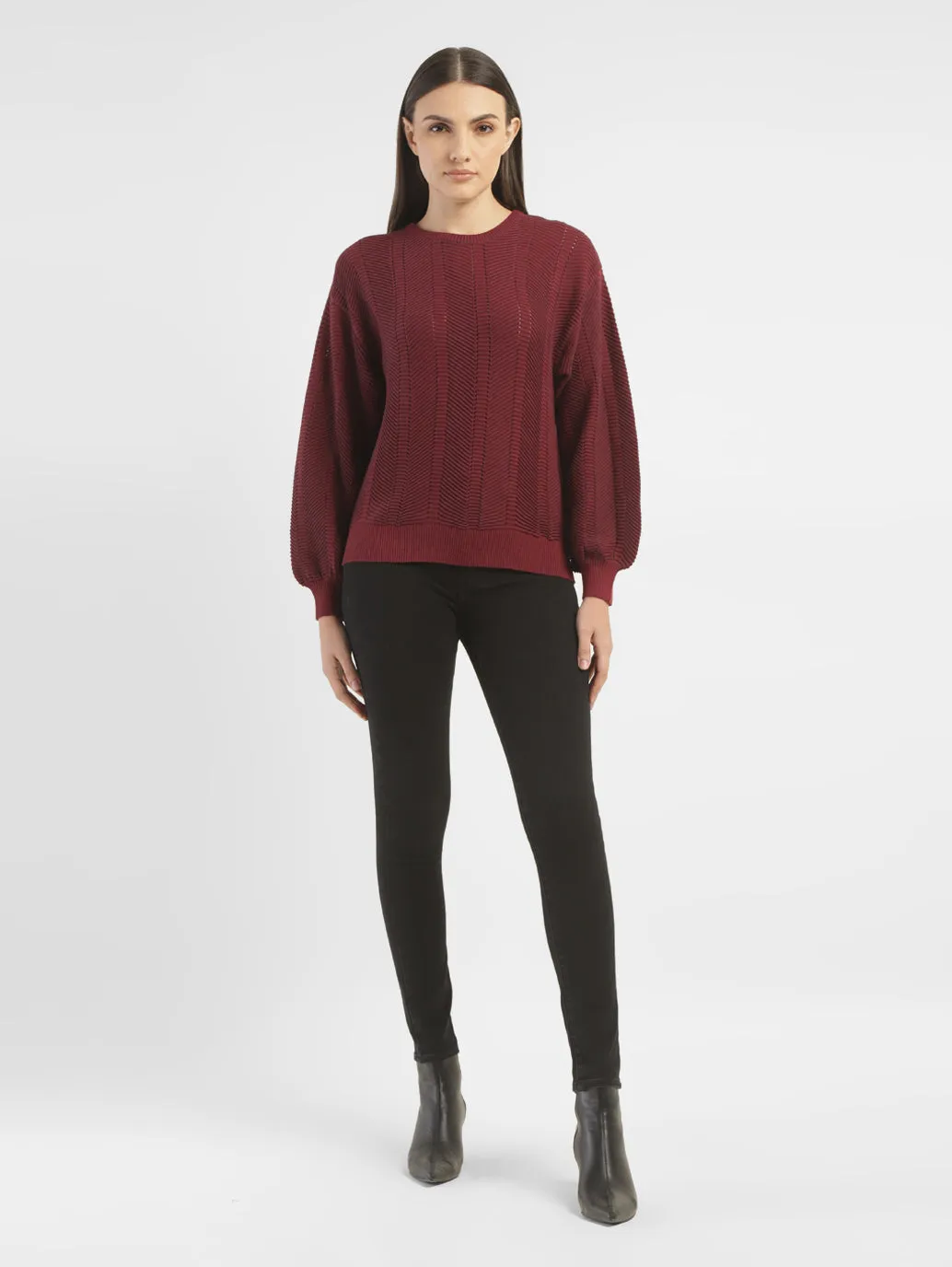 Heathered Effect Versatile Layer Women's Textured Maroon Crew Neck Sweater