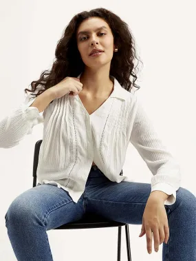 Women's Textured Spread Collar Shirt Lace Accent Casual Sophistication