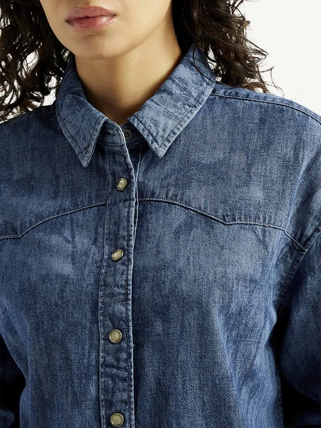 Women's Washed Relaxed Fit Denim Shirt Contemporary Design Winter Collection