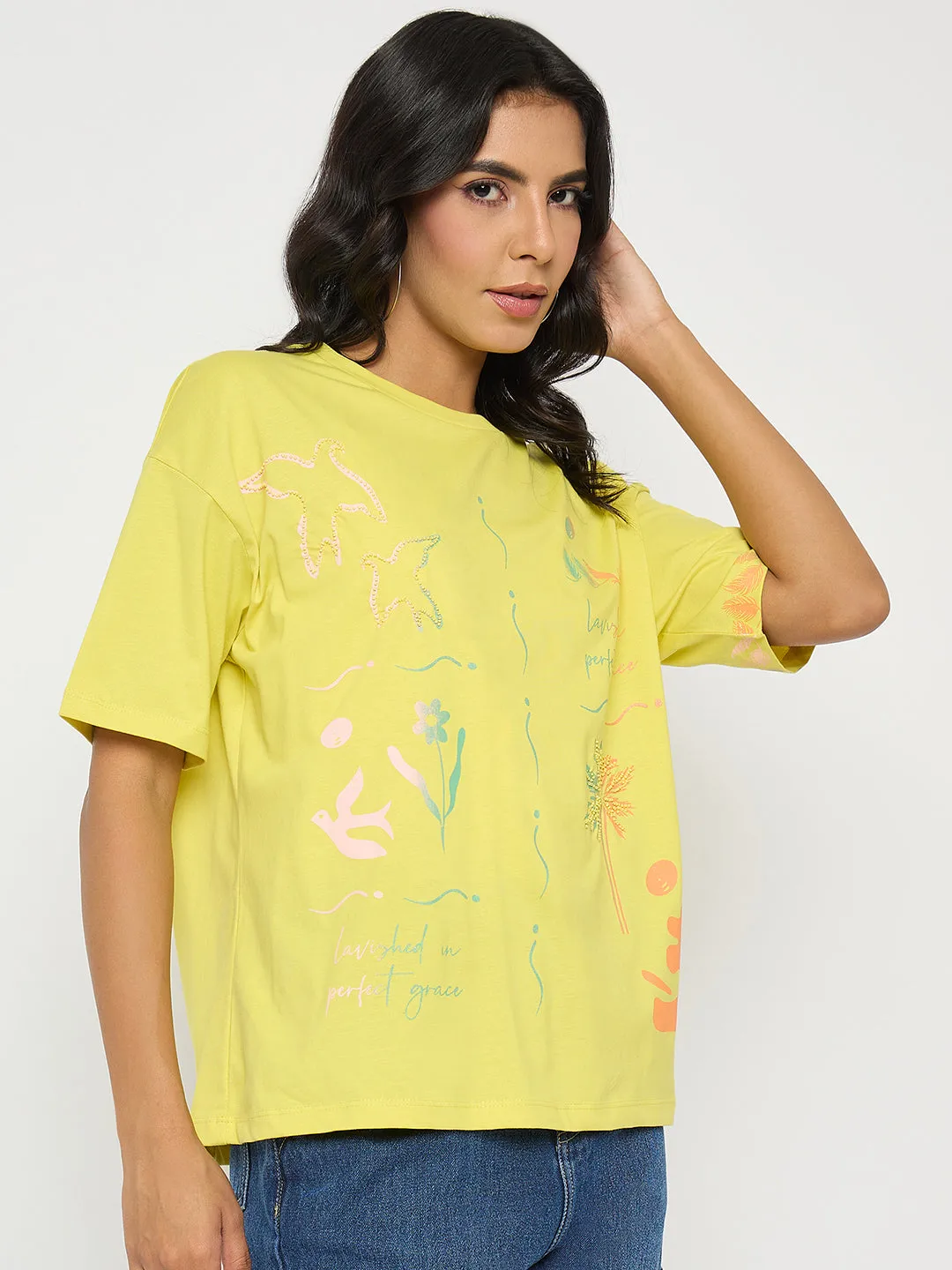 Anti Pilling Finish Madame All Over Print Lemon Yellow T-Shirt