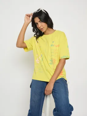 VintageWashEffect Madame All Over Print Lemon Yellow T-Shirt