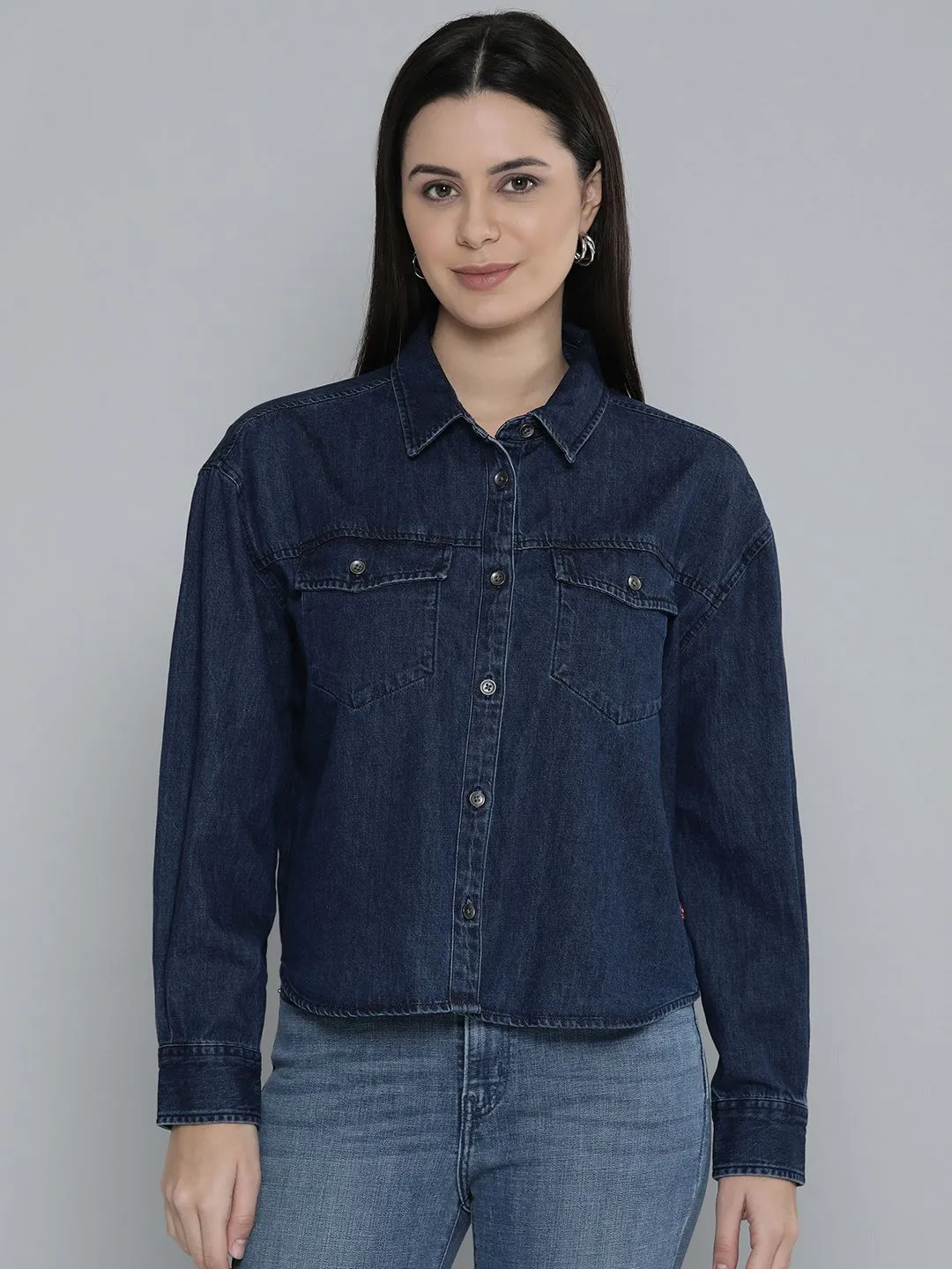 Women's Regular Fit Denim Shirt Casual Friday Lace Accent